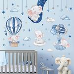 decalmile Blue Grey Sleeping Elephant Wall Decals Hot Air Balloon Moon Clouds Stars Wall Stickers Baby Nursery Kids Bedroom Daycare Wall Decor