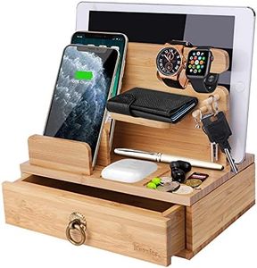 iCozzier Bamboo Station de Charge de Bureau pour Plusieurs appareils Dock Station Watch Organisateur de clés avec tiroir pour Watch, Pods, Pad, Smartphones, tablettes, Kindle