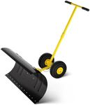 Snow Pusher with Wheels, 29" Heavy Duty Steel Blade, Adjustable Angle & Height Handle for Effortless Driveway Snow Removal, Ground Protection Base.
