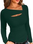 VICHYIE Womens Fall Long Sleeve Shirt Ribbed Cutout Fitted Tshirt Tops Green S