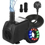 Mini Submersible Water Pump with 12 Led Lights (600L/H,10W) Ultra Quiet Water Feature Pump Adjustable Fountain Pump with 140CM Power Cord 2 Nozzles for Fountain Pond Garden Hydroponics