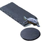 HZXMKB 2PCS Reptile Basking Platform 7.9 x 6 inch Rectangle +6 inch Round,Tortoise Habitat Natural Rock Plate,Turtle Bathing Feeding Slate,Fish Tank Accessories,Terrarium Decor,Aquarium Decorations