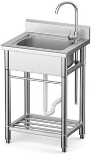 Utility Sink Free Standing Single Bowl Kitchen Sink with Cold and Hot Water Pipe Stainless Steel Sink for Garage Shop Laundry Room Basement Garden Farmhouse Mens Gifts Ourdoor Indoor fregadero