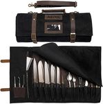 ExecuChef Waxed Canvas Knife Roll | 15 Knife Slots, Card Holder and a Large Zippered Pocket | Genuine Top Grain Leather, Cloth and Brass Buckles | for Professional Chefs and Culinary Students (Black)