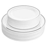 Aya's Cutlery Kingdom 100 White Plastic Plates Disposable with Silver Trim, 50 Plastic Dinner Plates 10.25" + 50 Salad, Dessert, Appetizer Plates 7.5" - Premium Elegant Heavy-Duty Plastic Party Plate