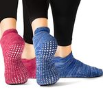 LA Active Grip Socks - 2 Pairs - Yoga Pilates Barre Ballet Non Slip Covered (Slublime Blue and Knit Ruby, Medium)