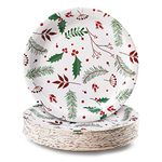 Party Paper Plates, 50-Pack Disposable Paper Plates Christmas Party Supplies, Christmas Holly Design, 22.86 Centimetres Dinner Plates