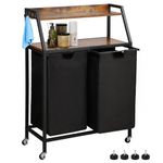 Timberer Laundry Hamper, Laundry Sorter 2 Section, Rolling Laundry Basket with Wheels, 2 Shelves, 2 × 14.3 Gal, Pull-Out and Removable Laundry Bags, for Laundry Room, Black and Rustic Brown