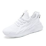 Mens Running Trainers Walking Jogging Gym Fitness Tennis Sneakers Breathable Mesh Slip on Casual Flatss Shoes for Men White Size 8