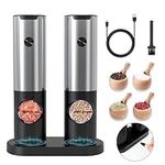 Podazz Electric Pepper Grinder Mills Set of 2, USB Rechargeable Salt and Pepper Grinder with Charging Base Adjustable Coarseness Ceramic Grinder, One Hand Operation with LED Light