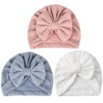 Venzina Girls Polyester 3Pcs Caps For Baby Girl Boy, Stretchy Baby Cap Soft Warm Beanie Infant Baby Hat For Newborns, Lovely Bow Turban Cap For Baby Girl 3-18 Months Shower Gifts, Multicolor