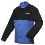 QeeLink Welding Jacket Split Leather Sleeves | Premium Flame Resistant Cotton Body Welder Jackets, Blue & Black, 3X-Large