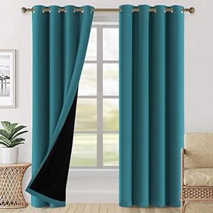 H.VERSAILTEX 100% Blackout Curtains Completely Blackout Window Drapes Thermal Insulate Double Layer with Black Liner for Bedroom 2 Panels Set, Each W132cm x D213cm，Turquoise Blue