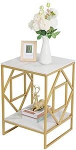 Marble Top Side Table Gold: 2 Tier Square Geometric Rhombus Frame End Tables 40 x 58cm Sintered Stone Bedsides with Metal Golden Legs Modern White Marbles Nightstand Sofa Corner Table for Living Room