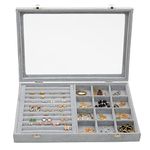 Sasha Morel Jewellery Box | Soft Ice Velvet Display Case | Lockable Storage Box with Clear Lid | Display Tray for Ring, Earring, Necklace, Watch, Organiser Storage (Ring Mix 12 Grid)