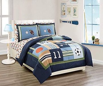 MK Home 7pc Queen Comforter Set Sport Navy Blue Green White Orange Brown Boys/Teens Football Basketball Baseball Soccer New