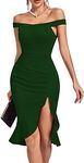 LYANER Women's Off Shoulder Ruffle Split Hem Bodycon Party Club Midi Dress, Dark Green, Small