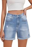 Metietila Women's Casual High Waisted Ripped Denim Shorts Summer Folded Hem Stretch Jeans Shortsfor Ladies Mineral Blue L