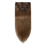 S-noilite Clip in 100% Real Remy Human Hair Extensions Silky Straight Full Head 8 Pieces (20"-105g,#6 Light Brown)