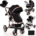 Baby Stroller Pram Pushchair Buggy Lightweight Folding Strollers 3 in1 Travel System Baby Trolley Baby Pram for Newborns Toddlers 0-36 Months from Birth… (Black - Rose Gold Frame)