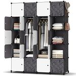 HOMIDEC Portable Wardrobe 20 Cube Closet with 3 Clothes Hanging Rails, 14"x18" Deeper Cube Combination Armoire Modular Cabinet Storage Organizer for Bedroom Clothes Shoes Toys, Black and White