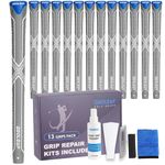 Geoleap Golf Grips 13 Pack with Complete Regripping Kit -Reduced Taper & Triple Texture Non-Slip Design Golf Club Grips, High Shock-Absorbing Soft Feel Golf Grips for Men and women. (Grey, Jumbo)