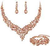 BriLove Wedding Bridal Jewelery for Women Austrian Crystal Teardrop Cluster Statement Necklace Dangle Earrings Link Bracelet Set Peach Rose-Gold-Toned