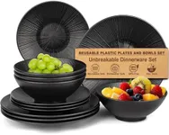 FOODLE Premium Reusable Plastic Dinnerware Set – Microwave Safe & Unbreakable Plates and Bowls Sets - Plastic Plates Reusable - Alternative to Melamine Dinnerware Sets - Black Kitchen Dishes Set