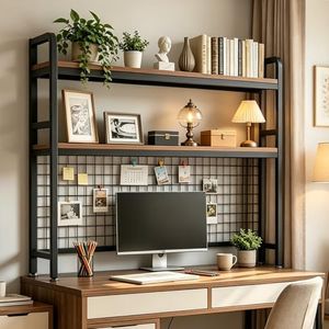 lihtsofty Desktop Bookshelf with Pegboard, 2-Tier Desk Hutch Storage Organizer Rack, Metal Frame & Wood Board, for 27-inch Monitor, Home Office & Dorm,Black,45.3" W