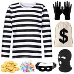 Men's Robber Costume Set Cosplay Thief Long Sleeve T-Shirt Adult Black White Striped Outfit Accessories Halloween Party