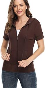 MISS MOLY Women's Short Sleeve Hoodie Full Zip Up Cotton Slim Fit Sweatshirt Kanga Pocket Brown L