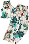 OYOANGLE Girl's Boho 2 Piece Outfits Tropical Print Halter Tank Top and Wide Leg Pants Set Vacation Outfit Beige and Green 8Y