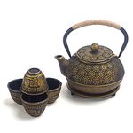 6 piece Japanese Cast Iron Teapot Tea Cup Set w/Trivet, Golden Cherry (30 oz)