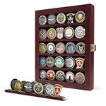 flybold Challenge Coin Display Case Challenge Coin Holder Coin Box Military Coin Display Case 92% Clear Antitheft Twin Slot Coin Rack fits 45 Military Medals Poker Chip for Collectors Mahogany Frame