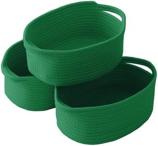 JMvicyroam Woven Basket, Small Rope Storage Bin with Handles & Ribbon Bag, Organizer for Shelves Closets Bathroom, Empty Gift Basket for Wedding Birthday Father's Day, Green/3 Pack