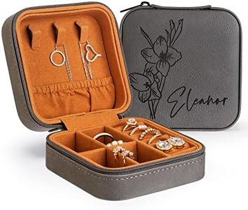 Custom Leather Jewelry Box w/Name & Birth Flower Month - Birthday Gifts for Women, Personalized Jewelry Travel Case - Customized Jewelry Organizer Box, Mom Birthday Gifts - Gray