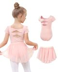 JiAmy Girls Ballet Leotards, Short Sleeved Ballet Dress with Removable Dance Skirt, Kid Children Toddler Ballerina Costume Hollow Back Dance Dress Dancewear for 3-11 Years Pink