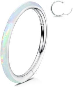 WBRWP 316L Surgical-Steel Hingedt Nose Rings Hoop with White Opal 20G(0.8mm) Unisex Body Pierecing Ring Septum Clicker Helix Cartilage Hoop Body Piercing Jewelry 8mm Diameter, Bright Silver Color