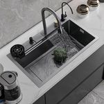 COOTER 24 X 18 x 9 Waterfall Kitchen Sink Integrated Honeycomb Design 304 Grade With Black Matt Finish Single Bowl Multifunctional Sink For Kitchen
