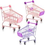 Hotop 3 Pieces Small Shopping Cart Mini Supermarket Cart Handcart Shopping Utility Cart Kids Metal Shopping Cart Mode Storage Toy Shopping Carts (Pink, Purple Combine) (Candy Style)