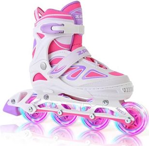 2PM SPORTS Vinal Inline Skates for Girls Boys Kids Ages 5-8 8-12 with Adjustable Illuminating Wheels, Inline Roller Skates for Youth Women Men - White Pink Large
