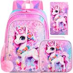 3PCS Unicorn Backpack for Girls, 16”Kids Sequin Bookbag with Lunch Box, Water Resistant School Bag for Elementary Preschool Toddler