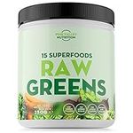 Raw Greens – Ultimate Natural Blend with 15 Premium Superfoods and Vegetables - Vegan Super Greens Powder Including Green Tea, Spirulina, Ginger Root & Pea Protein (50 Servings, 250g)