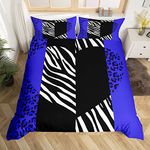 Royal Blue Leopard Duvet Cover Set Double Size, Romantic Heart Print Comforter Cover with 2 Pillowcases, Black White Zebra Stripe Bedding Set 3pcs for Kids Boy Girls, Animal Skin Bedspread Cover