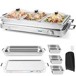 Giantex Buffet Server & Electric Food Warmer, 2-in-1 Food Warming Tray, Adjustable Temperature, 3 Food Pans with Lids, Dishwasher Safe, 8 QT Stainless Steel Chafing Dishes for Parties Holiday Events