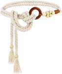 TIESOME Women's Tassel Braided Waist Belt, Skinny Woven Belt for Dress Waist Belt Rope Chain with Woven Wooden Beads, White