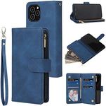 UEEBAI Wallet Case for iPhone 12 iPhone 12 Pro 6.1 inch, Premium Vintage PU Leather Magnetic Closure Handbag Zipper Pocket Case Kickstand Card Holder Slots with Wrist Strap Flip Case - Blue