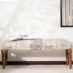 Albany Living Ethnic Print 100% Cotton Upholstered Rectangular Bench Ottoman with Bronze Nailhead Trim and French Farm Style Solid Wood Legs, Beige