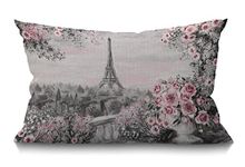 BGBDEIA Oil Painting Cushion Cover Paris Eiffel Tower Flower Roses and Leaf Cotton Linen Decorative Rectangular Throw Pillow Cover Pillowcase for Sofa and Bed Couch 12"X20" 30 x 50 cm