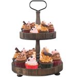 Wood Tiered Cake Tray Decor 2-Tier Farmhouse Fall Food Organizer Holder with Metal Handle Detachable Kitchen Serving Tray Cupcake Display Stand for Thanksgiving Table Countertop (brown)